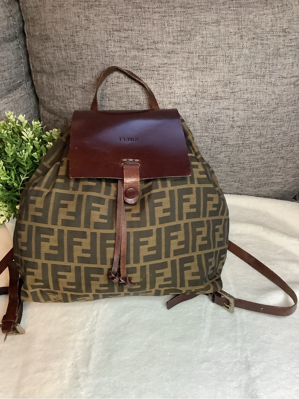 Fendi Brown FF Logo Zucca Canvas Backpack with Leather Trim